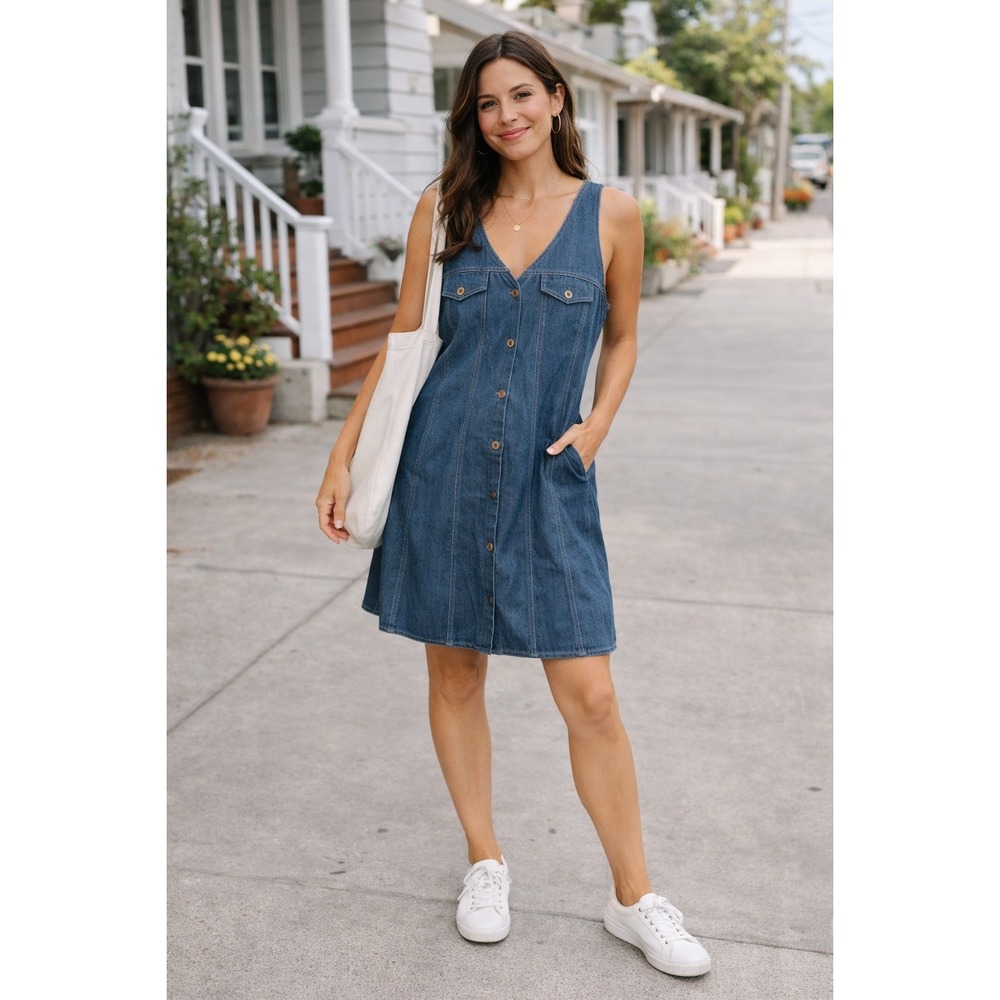 VTG D.P.S New York Denim Pocket Dress‎ Front Button 100% Cotton - Size Large